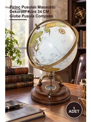 Yenilig 1 Adet Dünya Küre – Pirinç Pusulalı Masaüstü Dekoratif Küre 34 cm Globe Pusula Compass