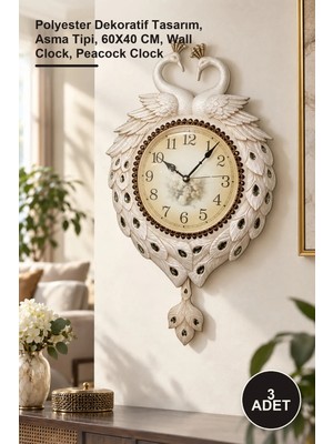 Yenilig 3 Adet Tavuskuşu Duvar Saati – Polyester Dekoratif Tasarım, Asma Tipi, 60X40 Cm, Wall Clock, Peacock Clock