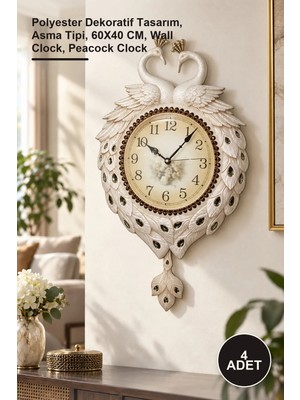 Yenilig 4 Adet Tavuskuşu Duvar Saati – Polyester Dekoratif Tasarım, Asma Tipi, 60X40 Cm, Wall Clock, Peacock Clock