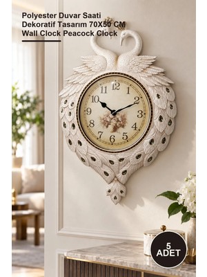 Yenilig 5 Adet Duvara Asmalı Tavuskuşu Saat – Polyester Duvar Saati Dekoratif Tasarım 70X50 cm Wall Clock Peacock Clock