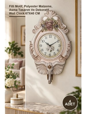 Yenilig 4 Adet Duvar Saati – Filli Motif, Polyester Malzeme, Asma Tasarım ve Dekoratif Wall Clock 67X40 cm