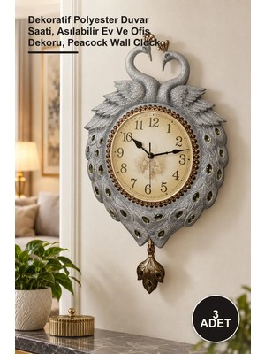 Yenilig 3 Adet Duvara Asmalı Tavuskuşu Saat – Dekoratif Polyester Duvar Saati, Asılabilir Ev ve Ofis Dekoru, Peacock Wall Clock