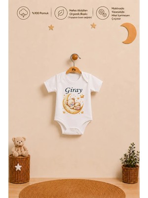 Pia Baby Isme Özel Erkek Bebek Kısa Kollu Alttan Çıtçıtlı Body Zıbın %100 Pamuk Organik Baskılı Bebek Body