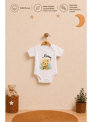 Pia Baby %100 Pamuk Isme Özel Erkek Bebek Kısa Kollu Alttan Çıtçıtlı Body Zıbın Organik Baskılı Bebek Hediyesi