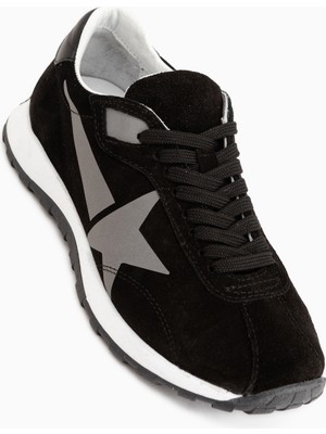 Limoya Polly Hakiki Deri Siyah Süet Yıldız Detaylı Kadın Sneaker