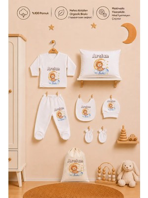 Pia Baby Isimli Erkek Bebek Hastane Çıkışı 7 Parça Zıbın Seti %100 Pamuk Organik Baskılı Yastık Kılıfı ve Kıyafet Kesesi