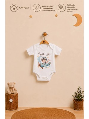 Pia Baby Isme Özel Erkek Bebek Kısa Kollu Alttan Çıtçıtlı Body Zıbın %100 Pamuk Organik Baskılı Bebek Body