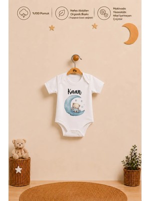 Pia Baby Isme Özel Erkek Bebek Kısa Kollu Alttan Çıtçıtlı Body Zıbın %100 Pamuk Organik Baskılı Bebek Body