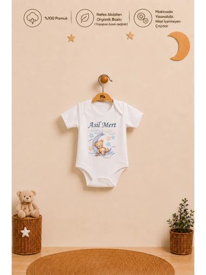 Pia Baby Isme Özel Erkek Bebek Kısa Kollu Alttan Çıtçıtlı Body Zıbın %100 Pamuk Organik Baskılı Bebek Body