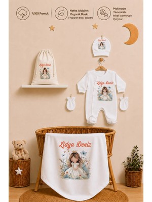 Pia Baby Isim Baskılı Kız Bebek Hastane Çıkışı Battaniyeli Tulum Takımı %100 Pamuk Kıyafet Kesesi Yeni Doğan Bebek Hediyesi