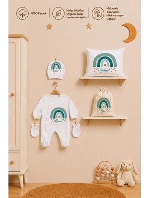 Pia Baby Isimli Erkek Bebek Hastane Çıkışı Tulum Seti %100 Pamuk Yastık Kılıfı Şapka Eldiven Yeni Doğan Bebek Hediyesi