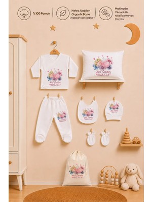 Pia Baby Kız Bebek Isimli Yenidoğan Hastane Çıkışı 7 Parça Zıbın Seti %100 Pamuk Organik Baskılı Yastık Kılıfı ve Kıyafet Kesesi
