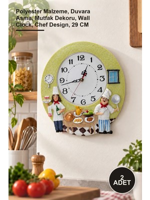 Yenilig 2 Adet Aşçı Tasarımlı Duvar Saati – Polyester Malzeme, Duvara Asma, Mutfak Dekoru, Wall Clock, Chef Design, 29 cm