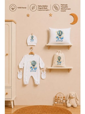 Pia Baby Isimli Erkek Bebek Hastane Çıkışı Tulum Seti %100 Pamuk Yastık Kılıfı Şapka Eldiven Yeni Doğan Bebek Hediyesi