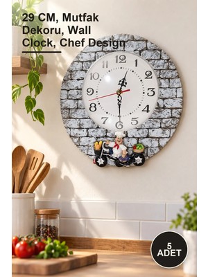 Yenilig 5 Adet Duvar Asmalı Aşçı Figürlü Polyester Duvar Saati – 29 Cm, Mutfak Dekoru, Wall Clock, Chef Design