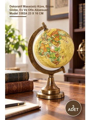 Yenilig 3 Adet Pirinç Dünya Küre – Dekoratif Masaüstü Küre, Brass Globe, Ev ve Ofis Aksesuarı Model 3382A 23 x 16 cm