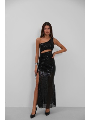 Black Fashion Pul Payet Bel Dekolte Elbise