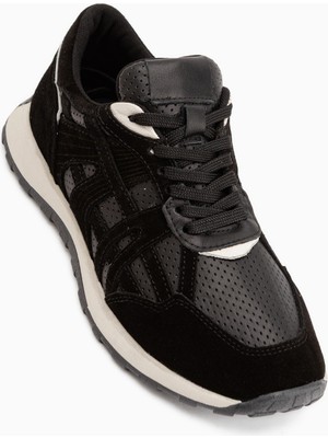 Limoya Wendy Hakiki Deri Siyah Süet File Detaylı Bağcıklı Kadın Sneaker
