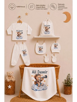 Pia Baby Isme Özel Erkek Bebek Hastane Çıkışı 5 Parça Zıbın Seti Penye Battaniye ve Ham Bez Kıyafet Kesesi