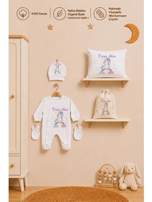 Pia Baby Kız Bebek Hastane Çıkışı Isimli Tulum Takımı Yastık Kılıfı Şapka Eldiven Kıyafet Kesesi Bebek Hediyesi