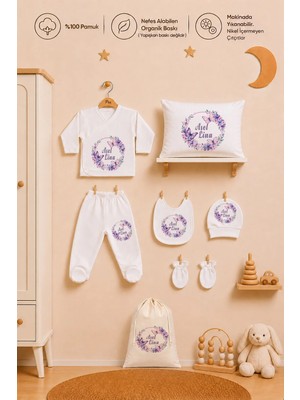 Pia Baby Isimli Kız Bebek Hastane Çıkışı 7 Parça Zıbın Seti %100 Pamuk Organik Baskılı Yastık Kılıfı ve Kıyafet Kesesi