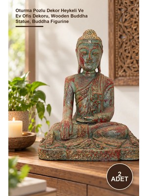 Yenilig 2 Adet Ahşap Oturan Buda Figürü – Oturma Pozlu Dekor Heykeli ve Ev Ofis Dekoru, Wooden Buddha Statue, Buddha Figurine