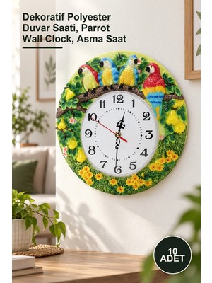 Yenilig 10 Adet Duvara Asmalı Papağanlı Polyester Saat – Dekoratif Polyester Duvar Saati, Parrot Wall Clock, Asma Saat