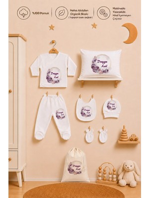 Pia Baby Isme Özel Kız Bebek Hastane Çıkışı 7 Parça Zıbın Takımı %100 Pamuk Organik Baskılı Yastık Kılıfı Kıyafet Kesesi