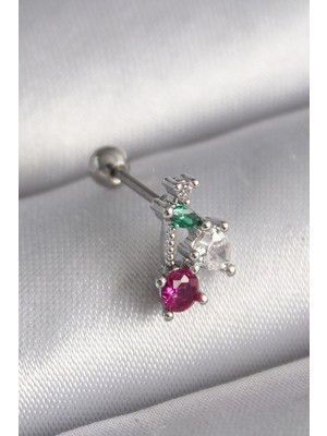 316L Çelik Gümüş Renk Zirkon Taşlı Tragus Piercing