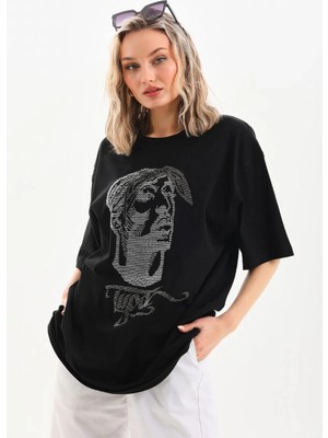 Tarz Yeri Unisex Taş Desenli Oversize T-Shirt - Siyah