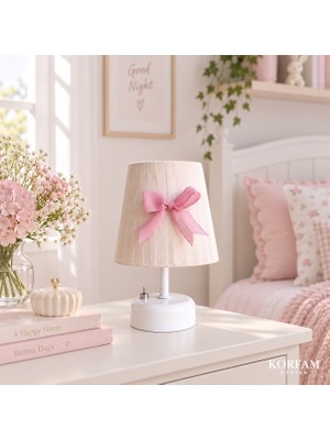 KorFam Krem & Pembe Keten Kumaş Kız Çocuk Odası Pilli Masa & Gece Lambası