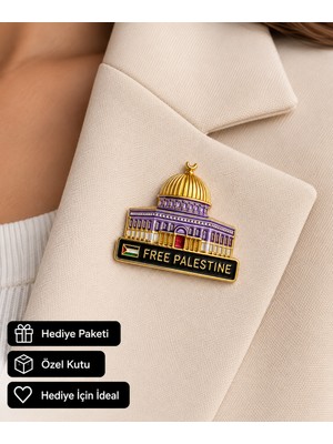 Herşey Nota Free Palestine Yazılı Kubbe Figürlü Gold Renk Anlamlı Broş Aksesuarı