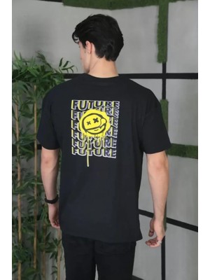 Venera Butik Unisex Bisiklet Yaka Baskılı Oversize T-Shirt - Siyah