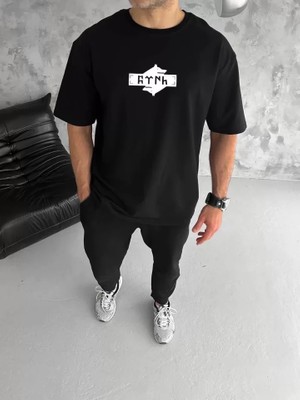 Venera Butik Unisex Bisiklet Yaka Baskılı Double Oversize T-Shirt - Siyah