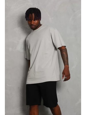 Venera Butik Unisex Oversize Düz Bisiklet Yaka T-Shirt - Gri
