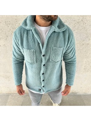 Venera Butik Erkek Pelüş Polar Hırka Gömlek Yakalı Ilik Düğmeli Göğüs Cepli Yumuşak - Bebe Mavisi