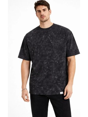 Venera Butik Erkek Asit Yıkama Bisiklet Yaka Kısa Kollu Oversize T-Shirt Tişört - Siyah
