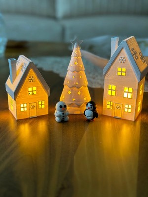 Empressco Beyaz 3lü Kış Evleri ve Çam Ağacı, Yılbaşı Dekoru, Hediyeli, Şık ve Sıcak Hava