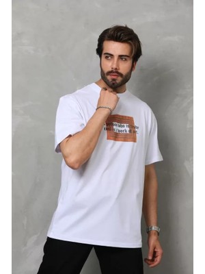 Venera Butik Unisex Bisiklet Yaka Baskılı Oversize T-Shirt - Beyaz