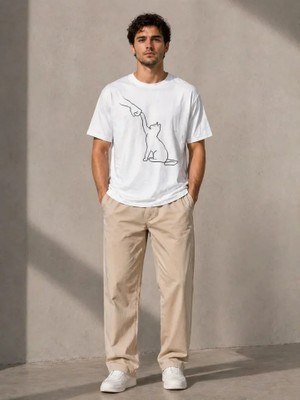 Venera Butik Erkek Minimal Kedi Çizim Baskılı Tişört Kısa Kol Yazlık T-Shirt - Beyaz
