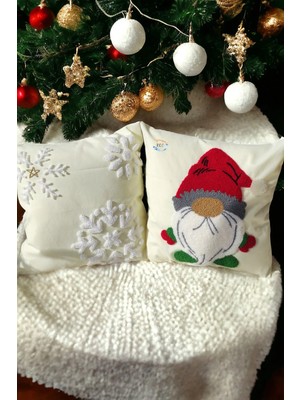 Empressco El Yapımı Ekru Noel Baba Punch Kırlent Kılıfı, 2 Adet, Şık ve Doğal Tasarım