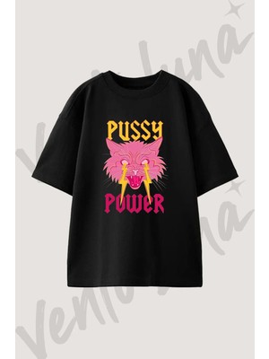 vento luna  power tasarım baskılı unisex oversize kalıp siyah tshirt