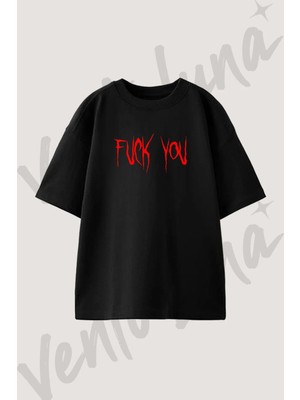 vento luna  you tasarım baskılı unisex oversize kalıp siyah tshirt
