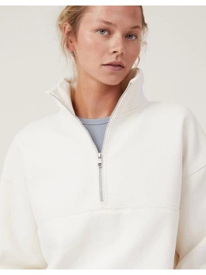 Moda Loris Oversize Yarım Farmuarlı Yakalı Basic Sweatshirt - Beyaz