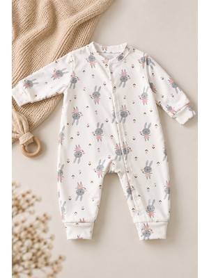 Luppinos Soft Dream Geniş Kalıp %100 Pamuk Tavşan Baskılı Çıtçıtlı Tulum