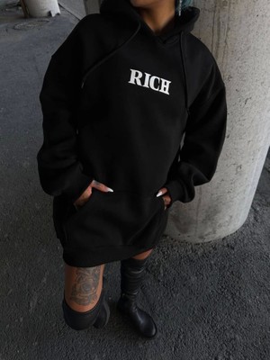 Moda Loris Uzun Kol Kapşonlu Göğüs Baskılı Sweatshirt - Siyah