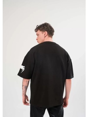 Moda Loris Unisex Bisiklet Yaka Baskılı Oversize T-Shirt - Siyah