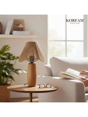 KorFam Rosalinda Abajur - Kahverengi Hasır El Yapımı Bohem Çiçek Şekilli Ahşap Ayaklı Rustik Abajur