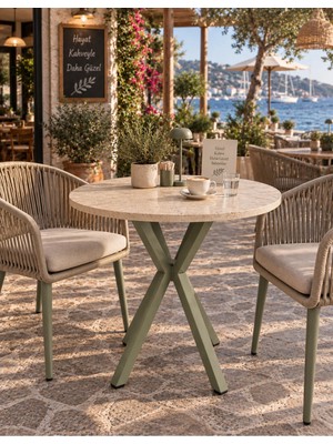 Sofex Mutfak Cafe Balkon Bahçe Restoran Yemek Masası 70X70 ( Yeşil Traverten Yuvarlak )