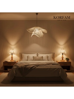 KorFam BREEZE Modeli - Avize & Abajur Set - Hasır El Yapımı Bohem Avize 2'li Ahşap Ayaklı Rustik Abajur Set - Beyaz